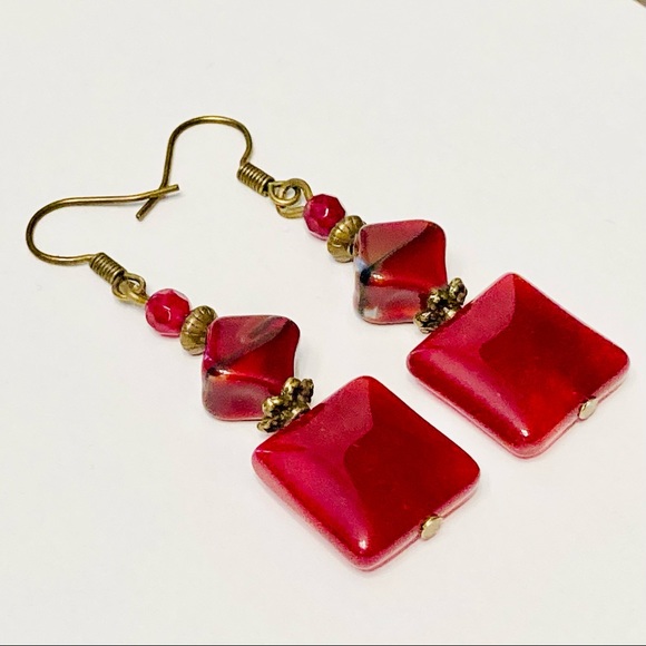 JK Designs Jewelry Unique Deep Red Jade Crystal Earrings With Fancy